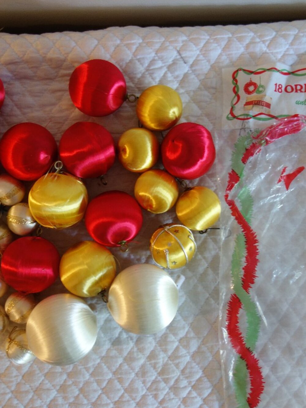 Vntg Lot of Satin Christmas Ball Ornaments – White, Red, Yellow